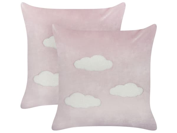 Sett med 2 stk. puter i rosa fløyelsstoff av polyester med skymønster 45 x 45 cm Puter til barn