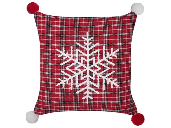 2 st prydnadskuddar i rött polyestertyg med tartanmönster och julmotiv 45 x 45 cm
