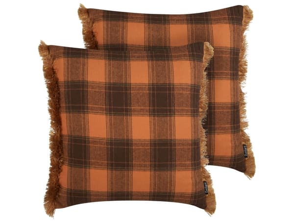 Dekorativ kudde 2 st Orange och svart 45 x 45 cm Schackrutigt mönster med fransar Retro Dekor Accessoarer Sovrum Vardagsrum