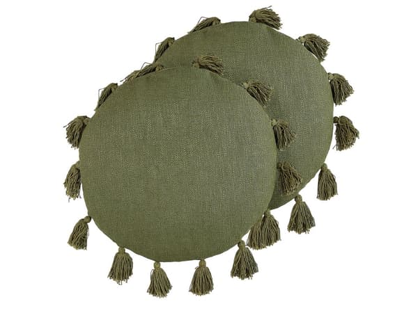 Set med 2 Dekorativa Kuddar Grön Bomull 45 cm Rund med Tofsar Modern Bohemisk Dekor Tillbehör