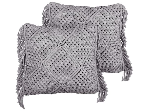 Prydnadskuddar Set om 2 Grå Bomull Makramé 45 x 45 cm med tofsar Rep Boho Retro Inredning Tillbehör