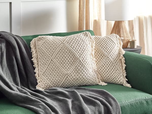 Prydnadskuddar Set om 2 Beige bomull Makramé 45 x 45 cm med tofsar Rep Boho Retro Dekor Tillbehör