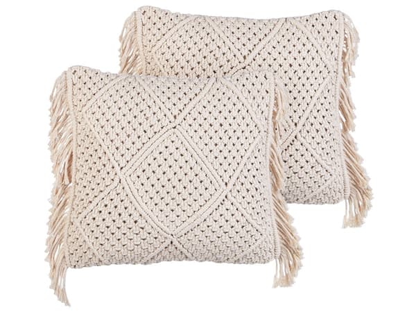 Prydnadskuddar Set om 2 Beige bomull Makramé 45 x 45 cm med tofsar Rep Boho Retro Dekor Tillbehör