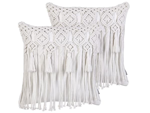 Prydnadskuddar Set om 2 Vit bomull Makramé 45 x 45 cm med tofsar Rep Boho Retro Dekor Tillbehör