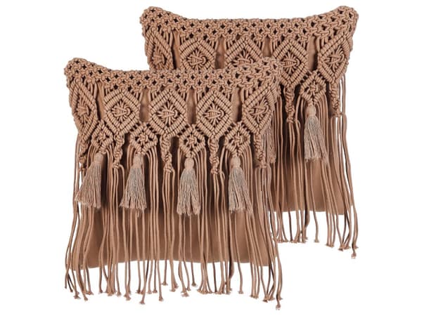 Prydnadskuddar Set om 2 Brun bomull Makramé 45 x 45 cm med tofsar Rep Boho Retro Dekor Tillbehör