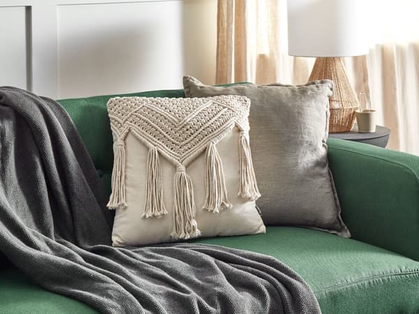 Sett med 2 Putesett Beige Makraméputer Bomull 45 x 45 cm med dusker Boho Retro Tilbehør