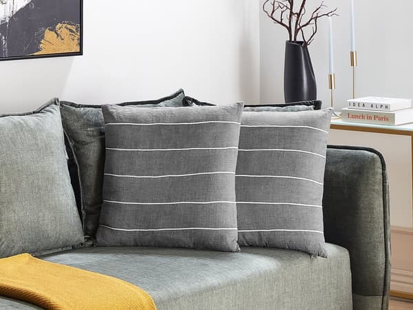 Prydnadskuddar set om 2 Grå och Vit Linne Bomull 50 x 50 cm Randigt Mönster Dekoration Tillbehör Vardagsrum Sovrum