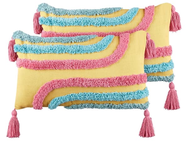 Set om 2 Prydnadskuddar Flerfärgad Bomull 30 x 50 cm med Tofsar Rektangulär Modern Kudde Boho Dekoration Tillbehör Vardagsrum Sovrum