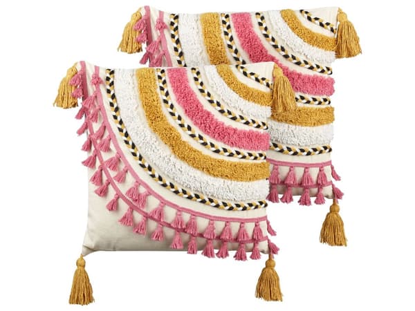Set om 2 Prydnadskuddar Flerfärgad Bomull 45 x 45 cm med Tofsar Fyrkantig Modern Kudde Boho Dekor Tillbehör Vardagsrum Sovrum