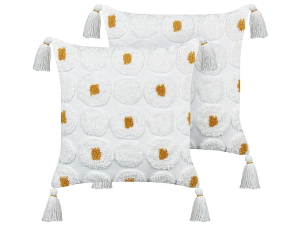 2 Pynteputer Hvit Bomull 45 x 45 cm med Gule Prikker og Dusker