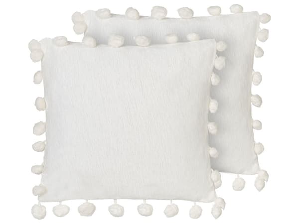 Set med 2 Prydnadskuddar Vit Polyestertyg Mönster Handgjorda Tofsar Pompoms 45 x 45 cm Heminredning Tillbehör