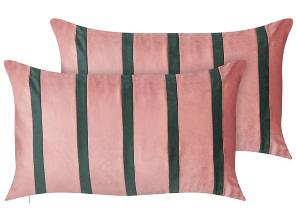 Set om 2 Prydnadskuddar Rosa och Grön Sammetstyg 35 x 60 cm Randigt Mönster Handgjorda Heminredning Vardagsrum Sovrum