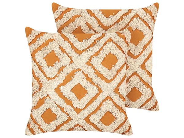 2 st Prydnadskuddar Orange och Vit Bomull 45 x 45 cm med Geometriskt Mönster