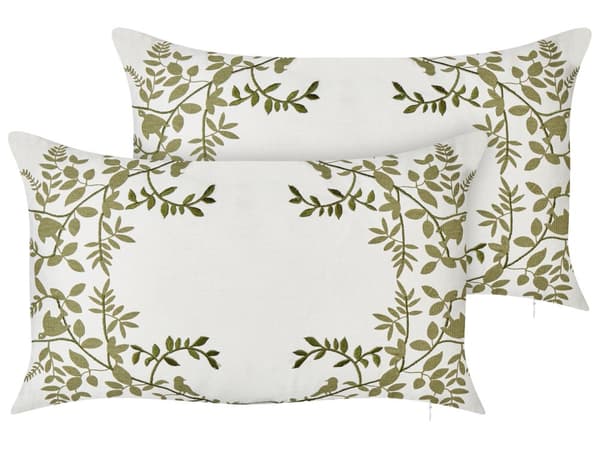 Set med 2 Prydnadskuddar Vit och Grön Bomull 30 x 50 cm Blommönster Handgjorda Kuddar Heminredning Tillbehör Vardagsrum Sovrum
