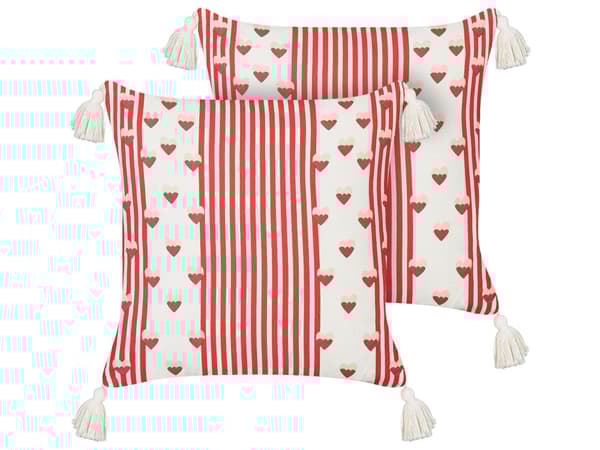 Set med 2 Prydnadskuddar Vit och Röd Bomull 45 x 45 cm Hjärtan Avtagbara Överdrag Fyrkantig Modern Inredning Tillbehör Vardagsrum Sovrum