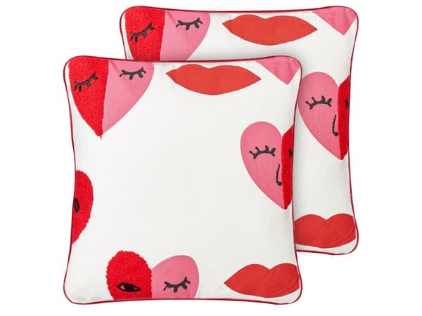 Set om 2 Prydnadskuddar Vit och Röd Bomull 45 x 45 cm Abstrakt Mönster Hjärtan Avtagbara Överdrag Fyrkantig Modern Inredning Tillbehör Vardagsrum Sov