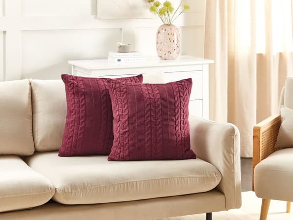 Set om 2 Prydnadskuddar Vinröd Bomull 45 x 45 cm Soffkuddar Flätat Bomullsmönster Överdrag Vardagsrum Sovrum