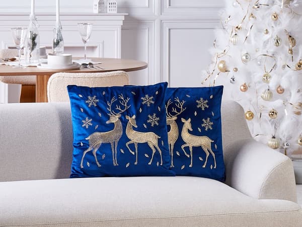 Sett med 2 Puter i Blått Fløyelsstoff Julemotiv Hjort Mønster 45 x 45 cm Dekorasjonstilbehør