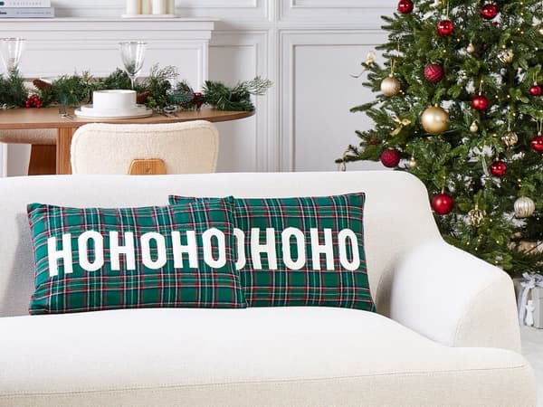 Sett med 2 Puter Grønt Polyesterstoff Tartan Julemønster 30 x 50 cm Dekorasjonstilbehør