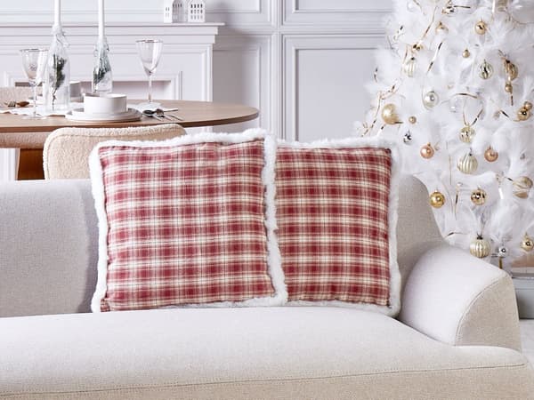 Prydnadskuddar 2 st Röd Polyester Tyg Jul Tartanmönster 45 x 45 cm Kuddar Dekorationstillbehör Julkudde