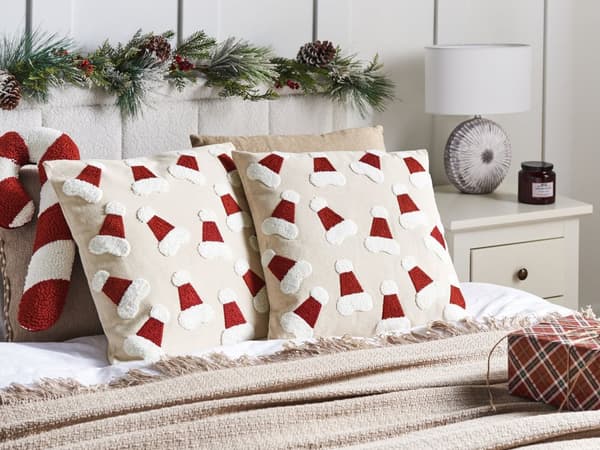 Set med 2 Prydnadskuddar Beige Bomullstyg Julmönster 45 x 45 cm Dekoration Hemtillbehör Sovrum Vardagsrum