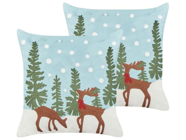 Sett med 2 pynteputer Blå Bomull 45 x 45 cm Julemotiv Reinsdyr Avtakbart trekk med glidelås Julepynt Tekstiler Interiør