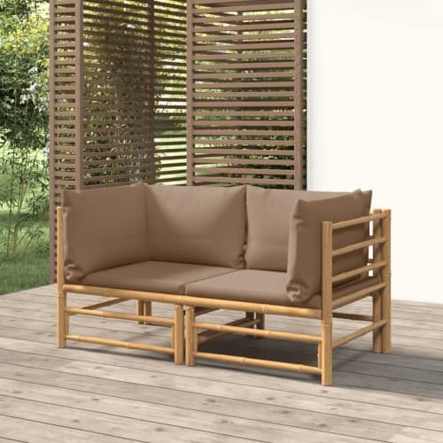 Hörnsoffa för trädgården taupe dynor 2 st bambu