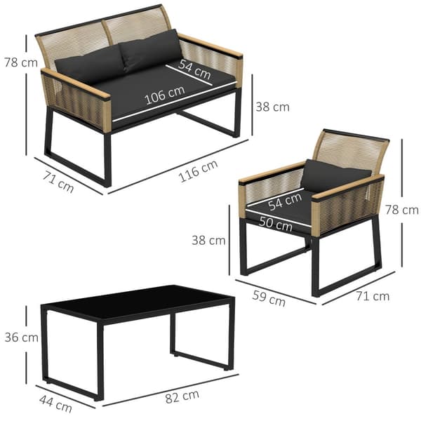 Rootz 4 -delat rotting trädgårdsuppsättning - balkongmöbler - väderbeständig soffa set - komfort kuddar - 116 cm x 71 cm x 78 cm