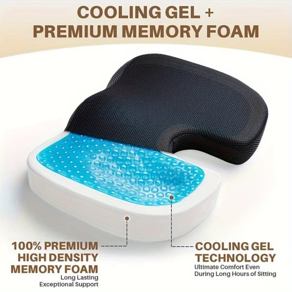 Gel Memory Foam Sædepude, Ergonomisk Design, Kølende Gel Teknologi,Sæde pude - Sort, 1 stk