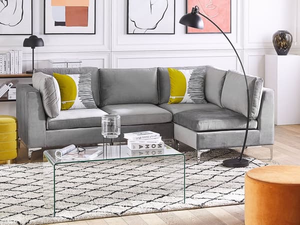 Hörnmodul 1-sits Grå Sammet Soffa Metallben Silver Glamour Stil