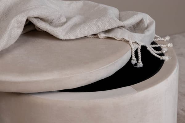 Dunken puf, fodskammel med opbevaring Ø51cm velour beige.