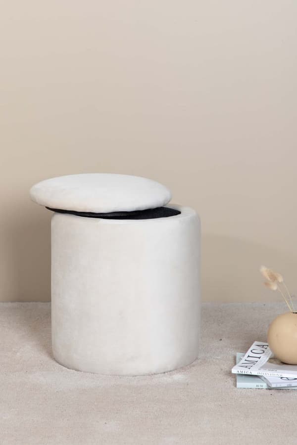 Limpen puf Ø32cm velour med opbevaring hvid.