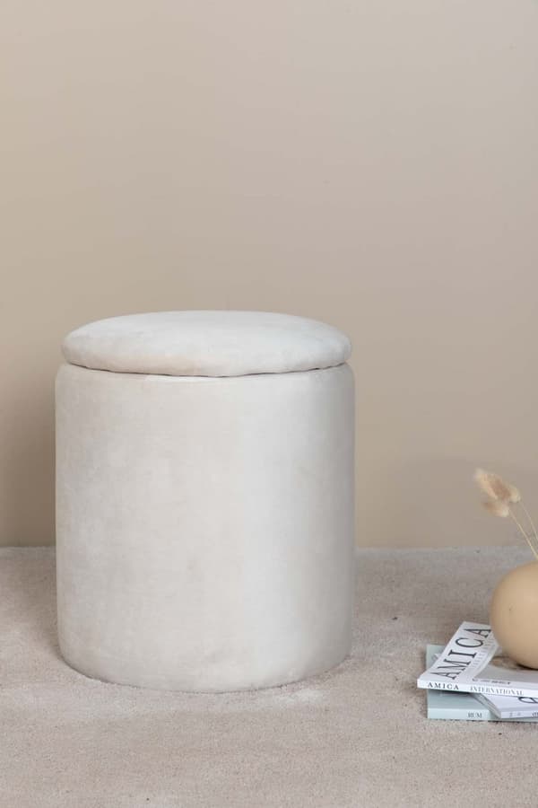 Limpen puff Ø32cm velour med lagring hvit.