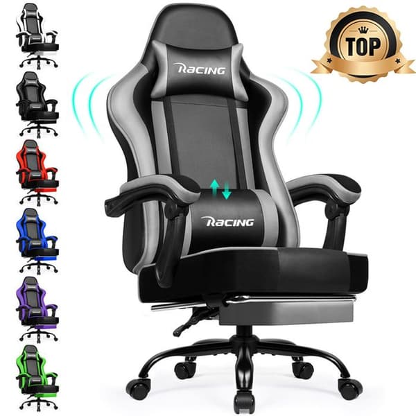 Ergonomisk Gaming Säte med Fotstöd, Justerbar Gaming Stol 170°, Grå Läder Gaming Säte, Lutande Ryggstöd