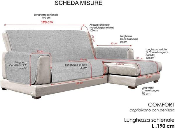 Comfort - CDDX- COMFORT PENISOLA- GRIGIO -190 - Italienskt Sängkläder Halkskyddat sofföverdrag med schäslong Grå 190 cm