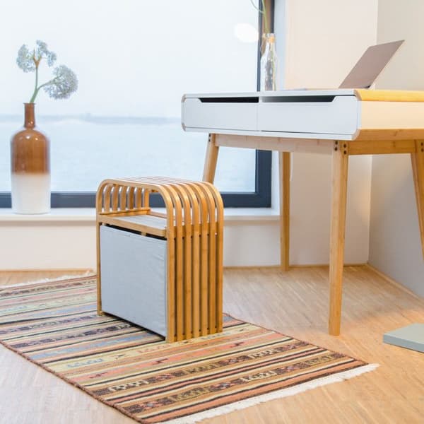 Relaxdays pall med förvaring, pouf fotpall i bambuträ, förvaringslåda i tyg, natur