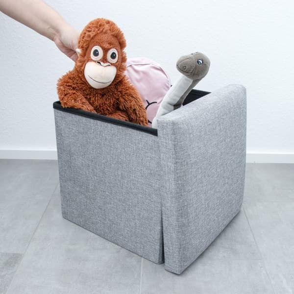 Hopfällbar sittpall 38x38x38 cm sittkub med förvaringsutrymme och lock av tyg i linne-look fällbar fotstöd förvaringslåda bröst sittbänk fotpall