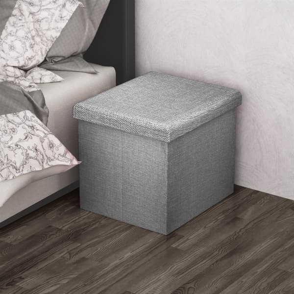 Hopfällbar sittpall 38x38x38 cm sittkub med förvaringsutrymme och lock av tyg i linne-look fällbar fotstöd förvaringslåda bröst sittbänk fotpall