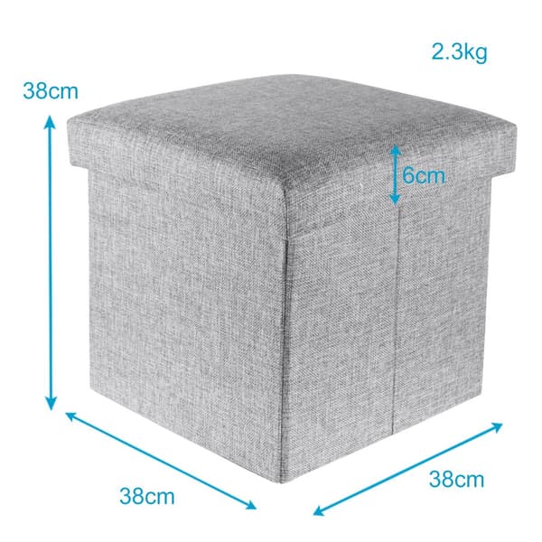 Hopfällbar sittpall 38x38x38 cm sittkub med förvaringsutrymme och lock av tyg i linne-look fällbar fotstöd förvaringslåda bröst sittbänk fotpall