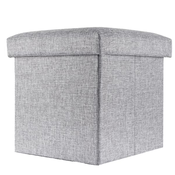 Hopfällbar sittpall 38x38x38 cm sittkub med förvaringsutrymme och lock av tyg i linne-look fällbar fotstöd förvaringslåda bröst sittbänk fotpall