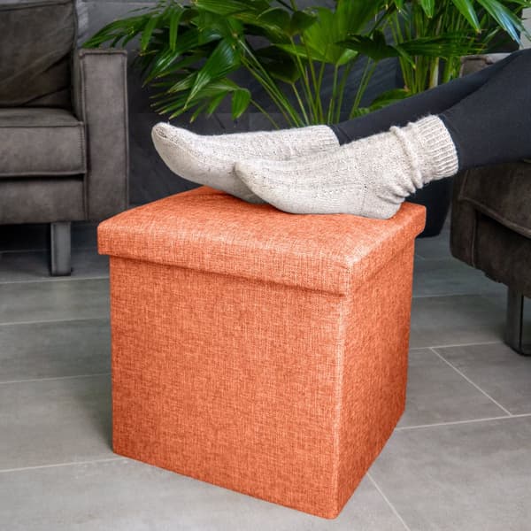 Hopfällbar sittpall 38x38x38 cm sittkub med förvaringsutrymme och lock av tyg i linne-look fällbar fotstöd förvaringslåda bröst sittbänk fotpall