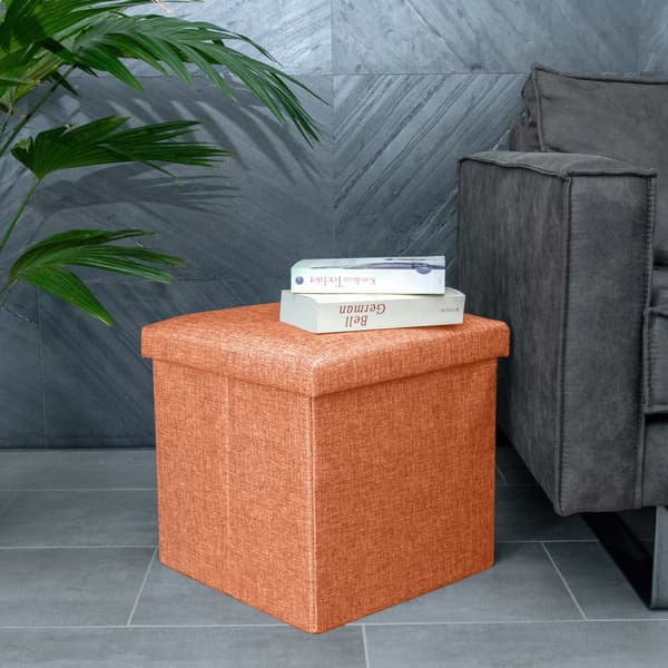 Hopfällbar sittpall 38x38x38 cm sittkub med förvaringsutrymme och lock av tyg i linne-look fällbar fotstöd förvaringslåda bröst sittbänk fotpall