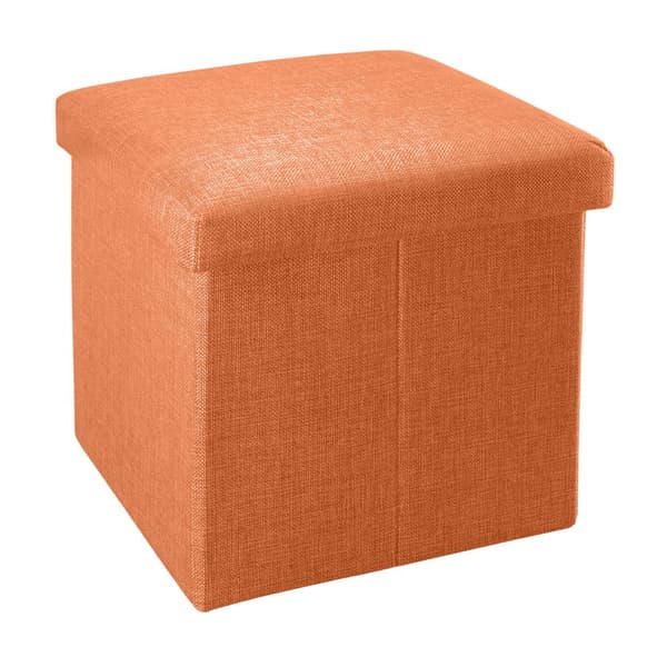 Hopfällbar sittpall 38x38x38 cm sittkub med förvaringsutrymme och lock av tyg i linne-look fällbar fotstöd förvaringslåda bröst sittbänk fotpall tangeriner apelsin