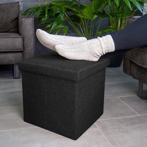 Hopfällbar sittpall 38x38x38 cm sittkub med förvaringsutrymme och lock av tyg i linne-look fällbar fotstöd förvaringslåda bröst sittbänk fotpall