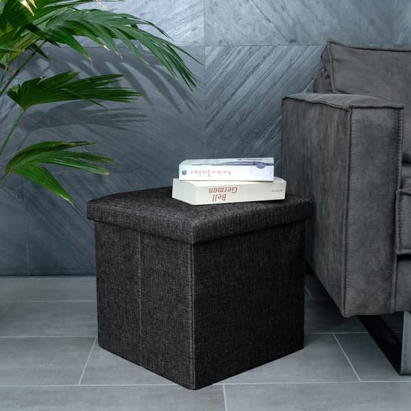 Hopfällbar sittpall 38x38x38 cm sittkub med förvaringsutrymme och lock av tyg i linne-look fällbar fotstöd förvaringslåda bröst sittbänk fotpall