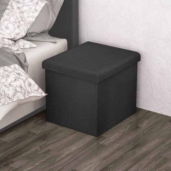 Hopfällbar sittpall 38x38x38 cm sittkub med förvaringsutrymme och lock av tyg i linne-look fällbar fotstöd förvaringslåda bröst sittbänk fotpall