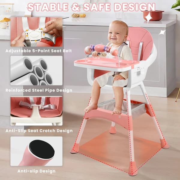 Babystol, Justerbart 5-punkts säkerhetsbälte, Förstärkt stålrörsdesign,Rosa