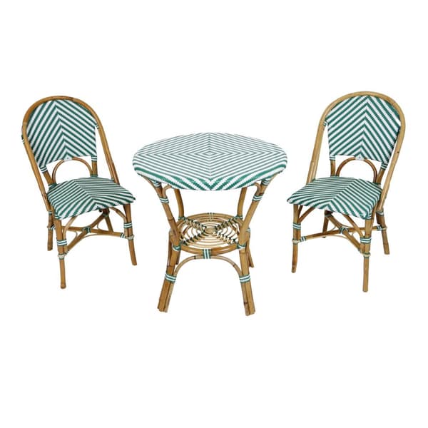 AXI Jacqueline 3-osainen bistro-setti vihreä/valkoinen | Bistro-setti 2 tuolia ja pöytä, rottinki, Vintage Design | Parvekesetti luonnon ja