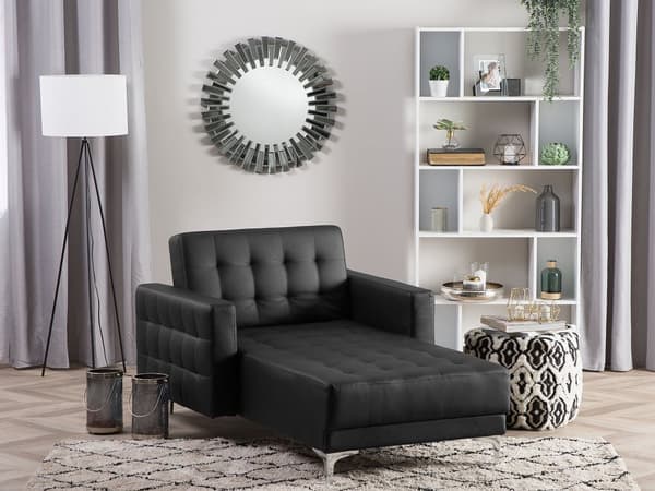 Chaiselong Sort Kunstlæder med Skumfyld og Sølv Krom Metalben Daybed Klassisk Moderne Tuftet Klik Klak modul liggeposition stueindretning