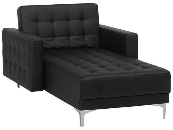 Chaiselong Sort Kunstlæder med Skumfyld og Sølv Krom Metalben Daybed Klassisk Moderne Tuftet Klik Klak modul liggeposition stueindretning
